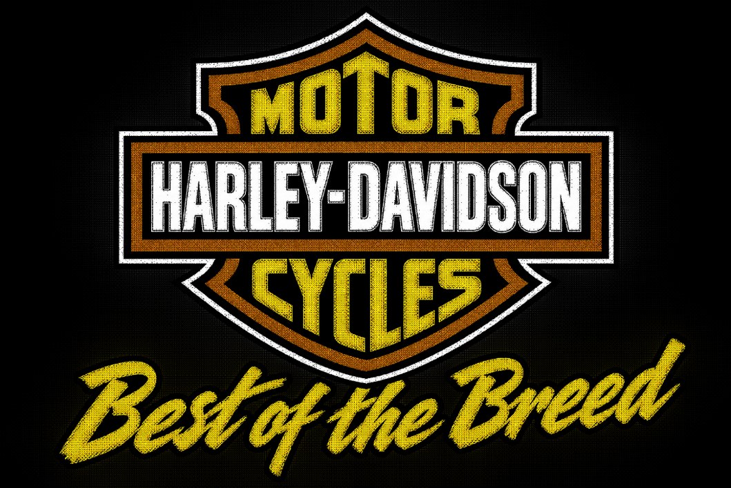 Close-up of a printed Harley-Davidson “Best of the Breed” graphic showing halftone dot shading, portfolio print.
