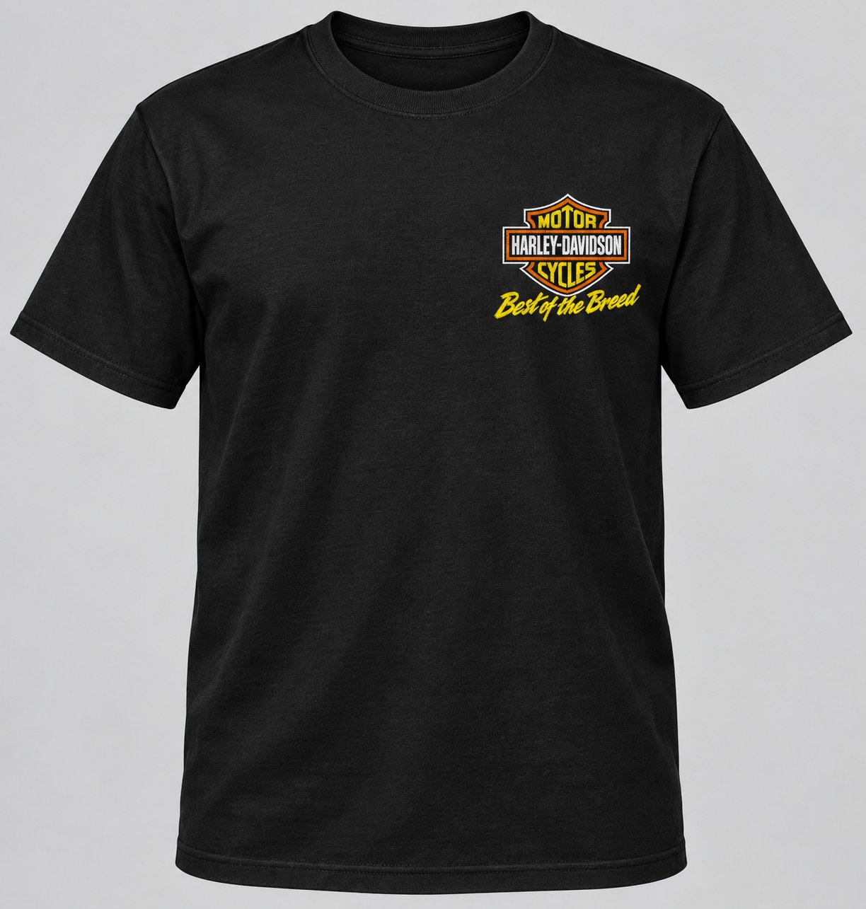 Black t-shirt with a small Harley-Davidson crest printed on the left chest, portfolio print.