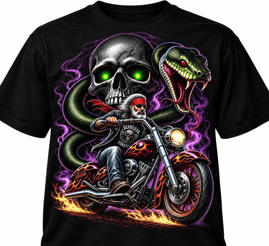 Black t-shirt printed with a gray-bearded biker on a flaming chopper, with a skull and green serpent looming behind him.