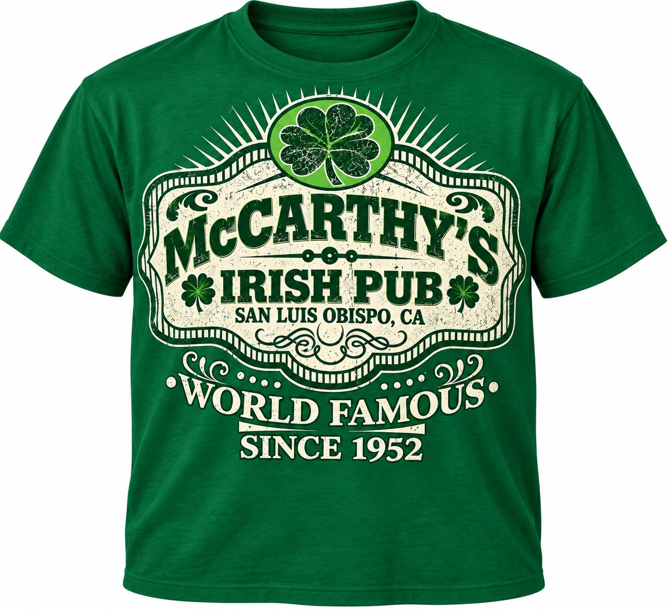 Kelly-green t-shirt printed with a “McCarthy's Irish Pub” St. Patrick's Day badge design.