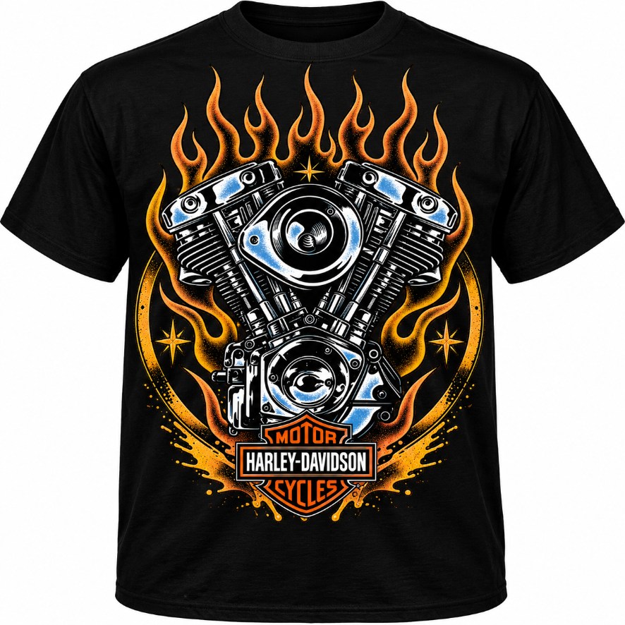 Black t-shirt printed with a Harley-Davidson V-twin engine wrapped in flames, portfolio print.